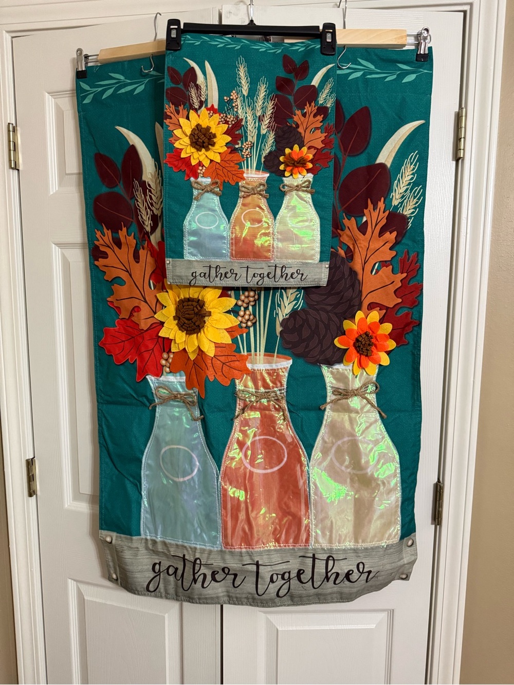 Teal Floral 'Gather Together' with Fall Jars Decorative Garden/House Flags Set